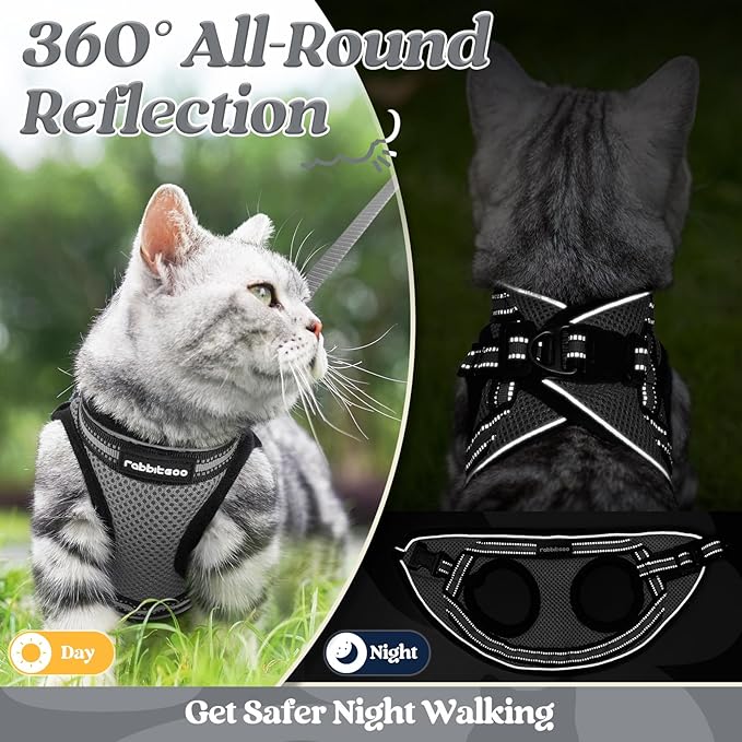rabbitgoo Cat Harness and Leash Set for Walking Escape Proof, Adjustable Soft Kittens Vest with Reflective Strip for Cats, Comfortable Outdoor Vest, Grey, S