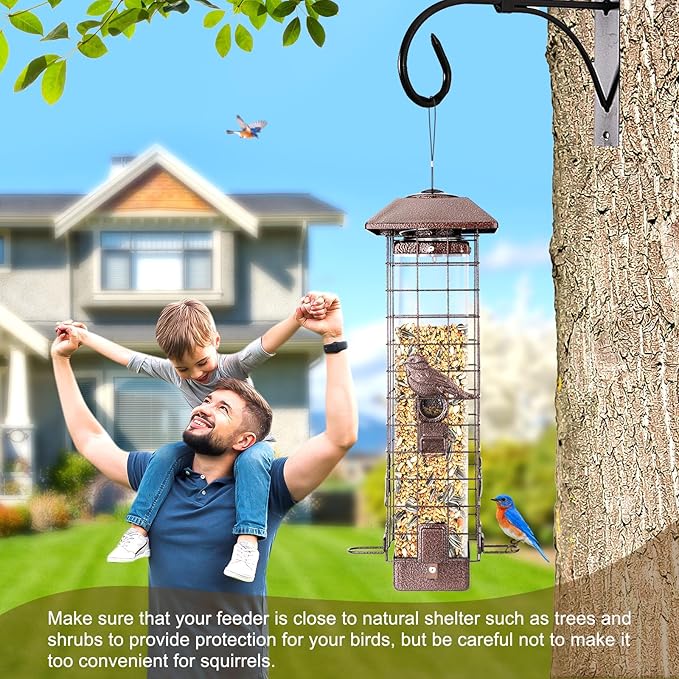 Squirrel Proof Hanging Bird Feeder for Outdoors, Gravity Protection Metal Wild Bird Feeder, 3LB Large Capacity, 4 Ports, Cardinal, Chickadee, Durable & Weatherproof, Ideal for Backyard