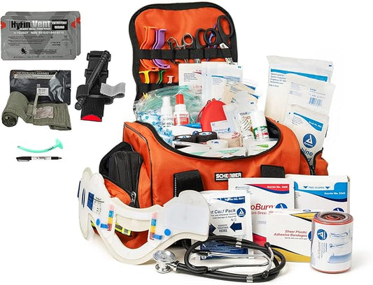 Scherber Fully-Stocked First Responder Bag | Professional EMT/EMS Trauma & Bleeding Medical Kit | HSA/FSA Approved | CAT Tourniquet, HyFin Chest Seal Israeli Bandage & 250+ First Aid Supplies (Orange)