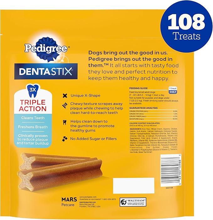 Pedigree Dentastix Small and Toy Breed Dog Treats, Original with Real Chicken, 1.63 lb. Bag (108 Treats)