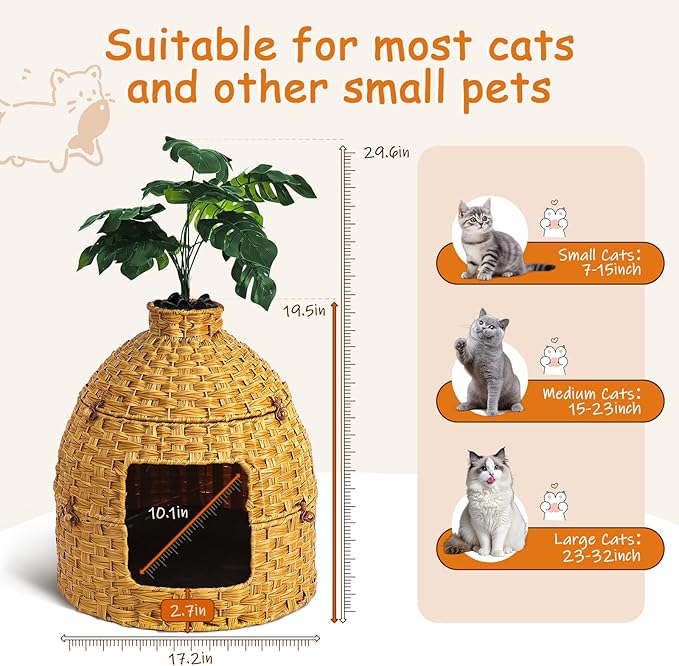 Cat Hidden Litter Box Enclosure Furniture with Artificial Plants,Handwoven Rattan with Cat Litter Box and Real Stones,in Living Room, Bedroom, Corner（Natural）