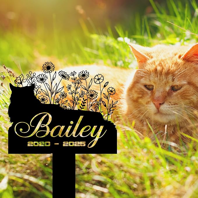 Cat Headstone and Grave Marker – Personalized Outdoor Grave Marker for Pets with Custom Name and Year, Durable Metal Cat Tombstone for Garden Tribute