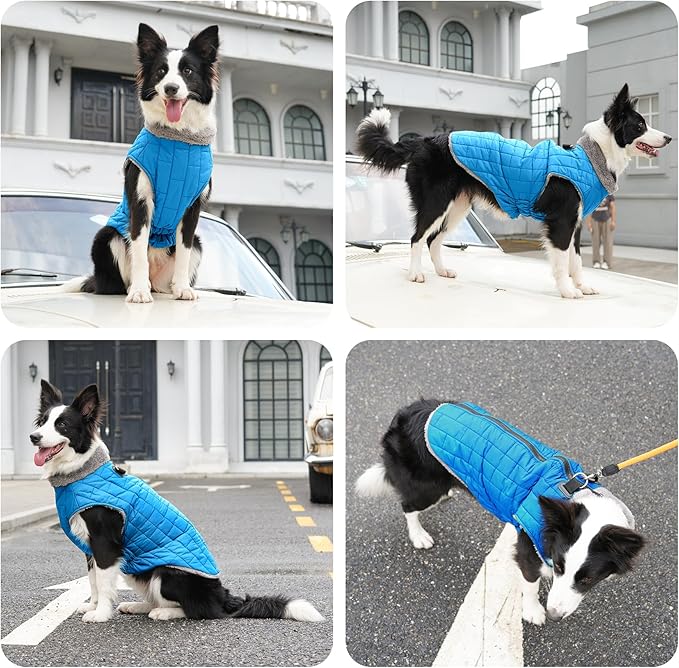 Warm Fleece Dog Coats with Durable Harness Buitl in D-Ring,Waterproof Doggie Jacket for Medium Dogs,Dog Vest for Cold Winter,Light Blue XL