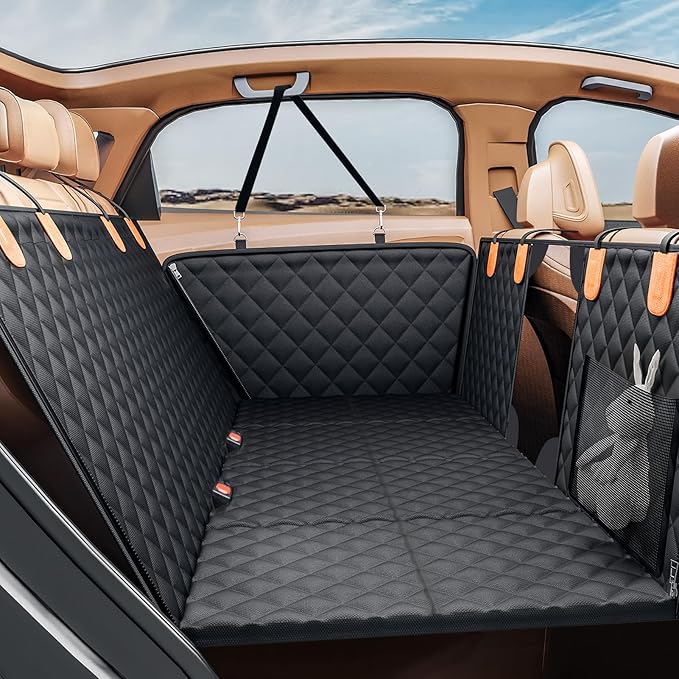 Back Seat Extender for Dogs, Hard Bottom Dog Car Seat Cover - Supports 400lbs, Rear Seat Pet Cover with Mesh Window, Waterproof Dog Hammock for Car SUV and Trucks