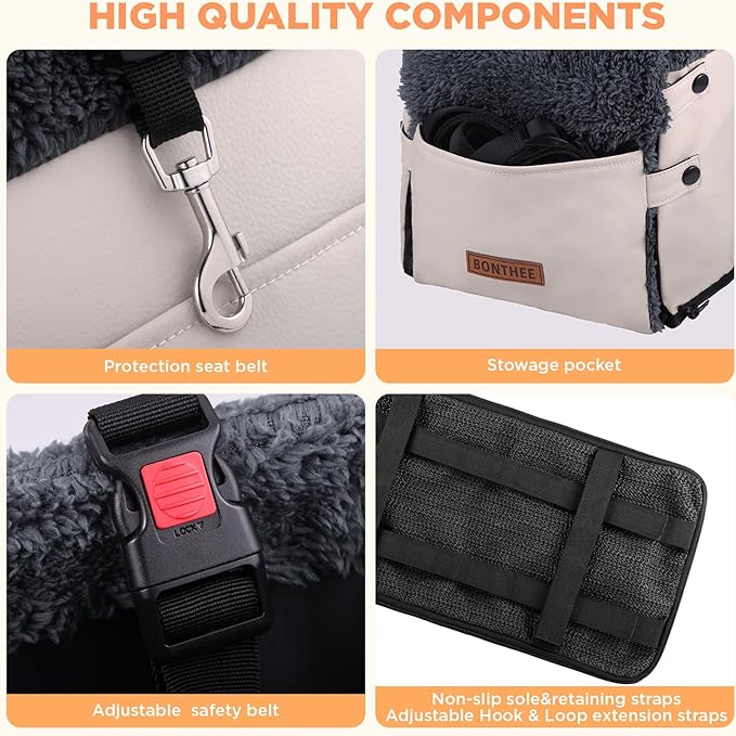 Center Console Dog Car Seat for Small Dogs,PU Leather Small Dog Car Booster Seat,Washable Foldable Puppy Car Seat with Safe Protection Hooks Adjustable Straps and Storage Pocket Pet Up to 15lbs