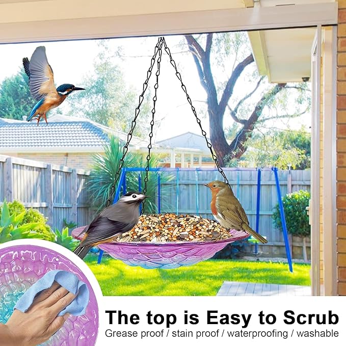 Hanging Birdbath, Outdoor Glass Birdbath, Purple and Blue Texture Pattern Bird Feeder for Garden Patio Decoration