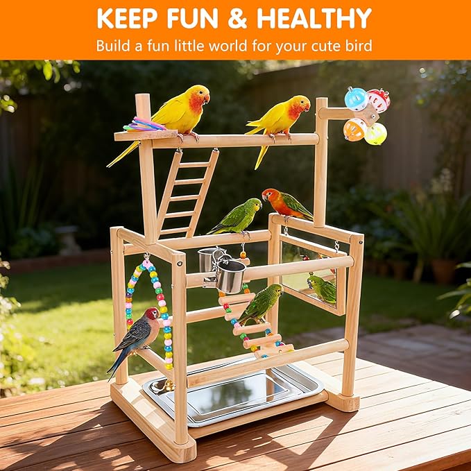 Bird Playground, Parrot Playground Parrot Perch Stand 3 Layer Bird Tree Stand with Feeder Cups, Ladder, Parakeet Mirror, Parakeet Toys and Removable Tray for Small to Medium Birds