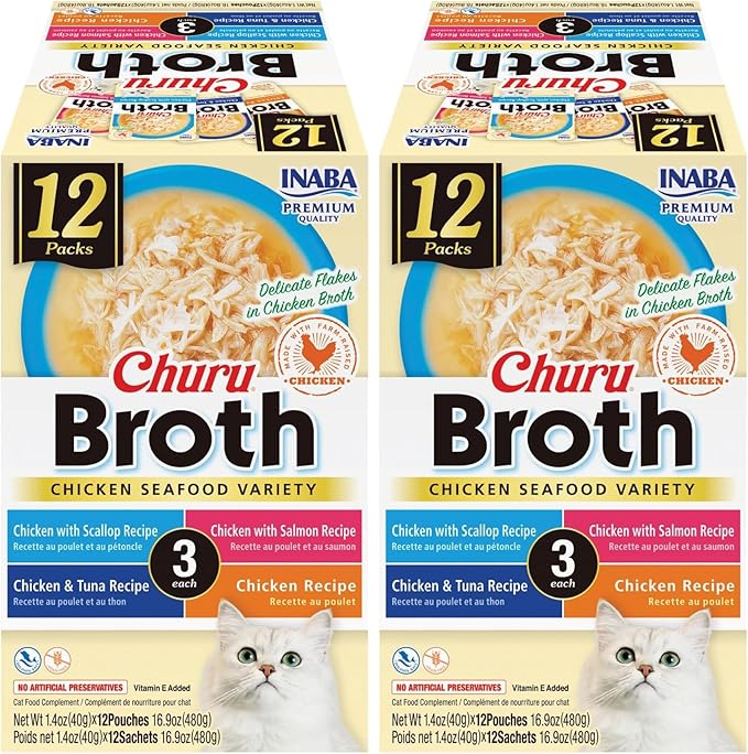 INABA Churu Broth for Cats, Creamy Broth with Shredded Chicken Side Dish Pouch, 1.4 Ounces per Pouch, 12 Pouches, Chicken & Seafood Variety (Pack of 2)