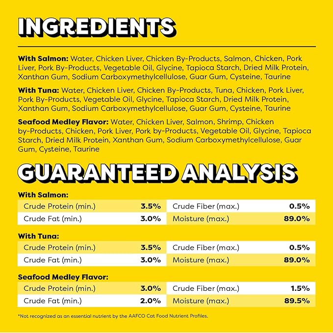 Temptations Creamy Puree Mix-Ups Squeezable Lickable Wet Cat Treats, Tuna Flavor, Salmon Flavor, and Seafood Medley Flavor, 0.42 oz. Tubes, 48 Count