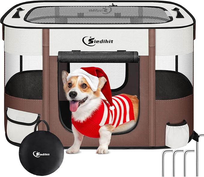 Dog Cat Playpen, Pet Puppy Portable Playpens for Outdoor Travel Crate, Indoor After Surgery Use, Foldable Dog Kennel Tent for Rabbit or Small Animals and Tent Stakes(Brown, Small)