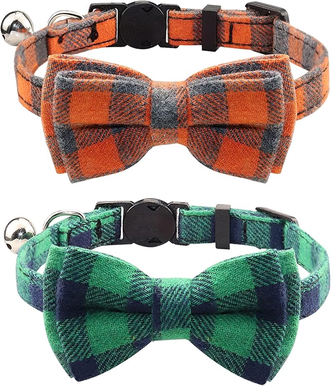 Joytale Upgraded Cat Collar with Bells, Breakaway Cat Collars with Bow Tie, 2 Pack Girl Boy Safety Plaid Kitten Collars, Green+Orange