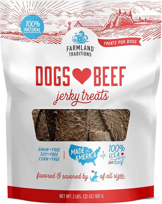 Farmland Traditions Dogs Love Beef Jerky Dog Treats, All Natural, Grain-Free, High Protein Training Treats, 2 Pound Bag