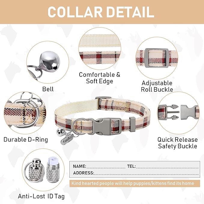 GAMUDA Small Dog Harness Collar and Leash Set, Step in No Chock No Pull Soft Mesh Adjustable Dog Vest Harnesses Plaid Reflective for Dogs Puppy Cats Kitten Rabbit (Warm Beige, L)