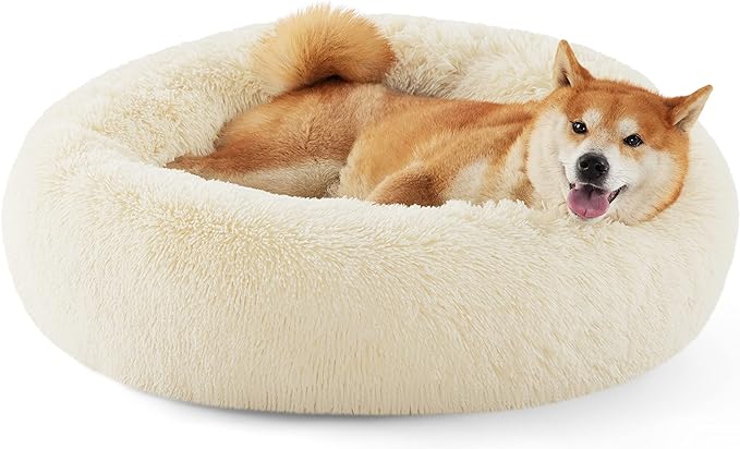 Bedsure Calming Dog Bed for Medium Dogs - Donut Washable Medium Pet Bed, Anti-Slip Round Fluffy Plush Faux Fur Cat Bed, Fits up to 45 lbs Pets, Ivory Beige, 30 inches