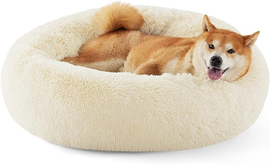 Bedsure Calming Dog Bed for Medium Dogs - Donut Washable Medium Pet Bed, Anti-Slip Round Fluffy Plush Faux Fur Cat Bed, Fits up to 45 lbs Pets, Ivory Beige, 30 inches