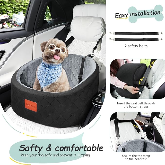 Dog Car Seat for Small Dogs Up to 30 Lbs,Ultra Soft Fabric Fill in Comfy Memory Foam,Happy Pet Ride,2 Safety Dog Leashes,Fully Detachable and Washable,Anti Slip Base(Black/Grey)