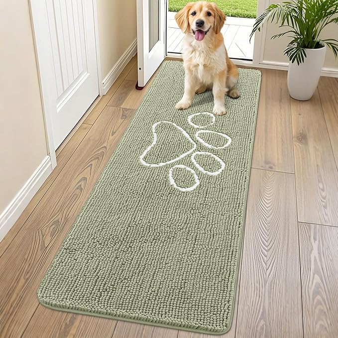 Smiry Dog Door Mat for Muddy Paws, Absorbent Dirt Trapper Non Slip Quick Dry Washable Chenille Mat for Mud Dogs, Entry Rug for Indoor and Outdoor (70x24 Inches, Sage Green)