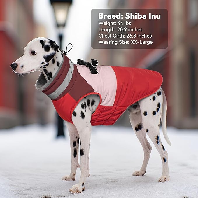 Dog Winter Coat, Reflective Dog Coats for Large Dogs, Waterproof Windproof Pet Clothes Jacket with Harness Built in, Warm Cold Weather Coats, Dogs Snowsuit Vest, Red XX-Large