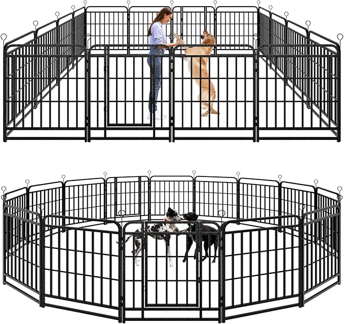 Dog Playpen Outdoor 16 Piece Panels Heavy Duty Dog Fence 32" Height with Thick Pipe Anti-Rust with Doors Portable for RV Camping Yard, Total 36FT, 103 Sq.ft, Snowy Black