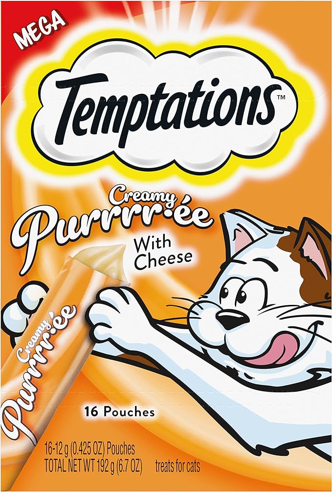 Temptations Creamy Puree Squeezable Lickable Wet Cat Treat with Cheese, 0.42 oz. Tubes, 16 Count