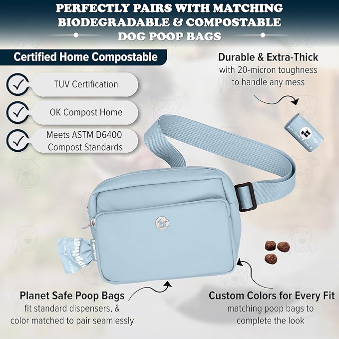 Puppington 3-in-1 Crossbody Dog Walking Bag & Treat Pouch with Matching Planet Safe Poop Bags & Built-In Dispenser - Dog Mom Gift for Puppy Training with Zippered Pockets (Ice Blue)