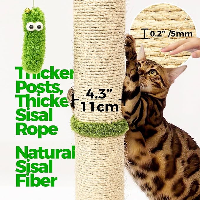TINYBEAST 34.7" Tall Cat Scratching Post, 3 in 1 Sisal Cat Scratcher, Heavy Duty 4.3" Diameter Cat Tree with Hanging Bell Ball Toy and Reinforced Stable Base for Indoor Adult Cats & Kittens(Grey)