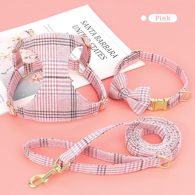 Beirui Cute Extra Small Dog Harness Collar and Leash Set with Bowtie, Soft Adjustable Plaid Puppy Harness for Small Sized Dogs Cats Walks Parties and Photoshoots(Pink,XS:Chest 13-18")