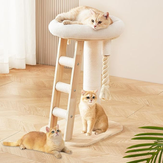 Modern Cat Tree Small Tower with Scratching Post for Indoor, Multifunctional Corner Cat Tree Tower with Bed, Cat Climbing Ladder, Dangling Ball,Interactive Rope,Scratching Post