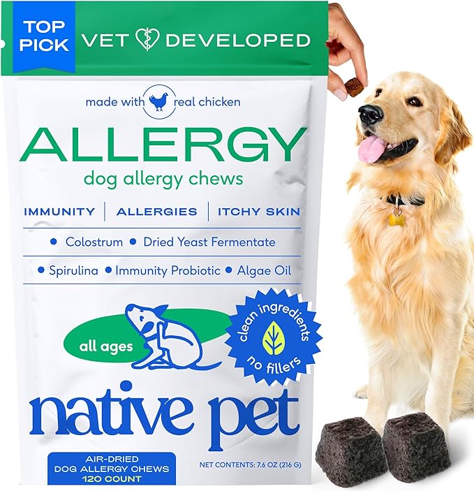 Native Pet Dog Allergy Chews - Dog Allergy Relief with Probiotics and Colostrum for Itchy Skin Relief to Support Seasonal Allergy and Healthy Immune System - All Natural Anti-Histamine - 120 Chews