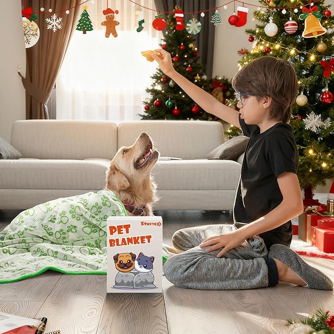 Stuffed Premium Green Soft Dog Blanket, with Flannel Green Cute Paw Print, Puppy Supplies Dog Stuff Essentials, 43 * 66 inches for Large Dogs