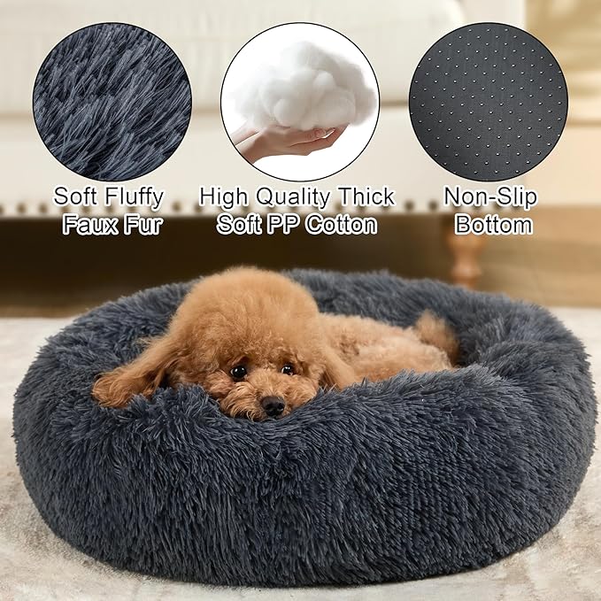 Dog Calming Beds for Small Medium Large Dogs - Round Donut Washable Puppy Dog Bed, Anti-Slip Faux Fur Fluffy Donut Cuddle Anxiety Cat Pet Bed(24" Dark Grey)