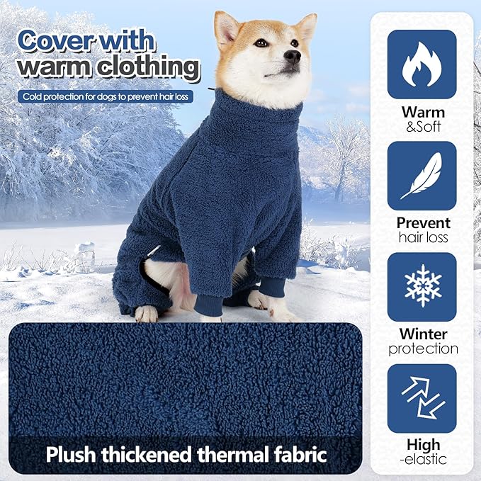Winter Coat, Warm Fleece Dog Jacket & Windproof Pajamas - Full Body Jumpsuit for Medium & Large Dogs (Medium, NavyBlue)