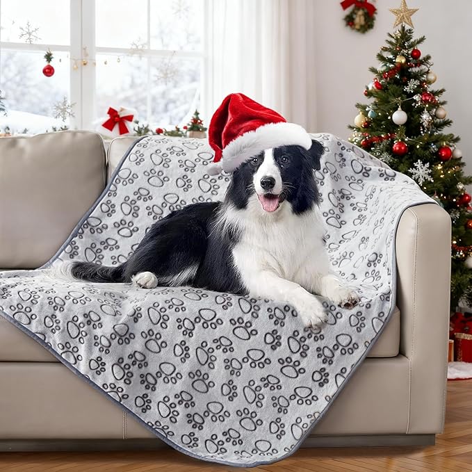 Stuffed Premium Soft Dog Blanket, with Flannel Grey Cute Paw Print, 43 * 66 inches, Cat Blanket Puppy Supplies Dog Products Stuff Essentials