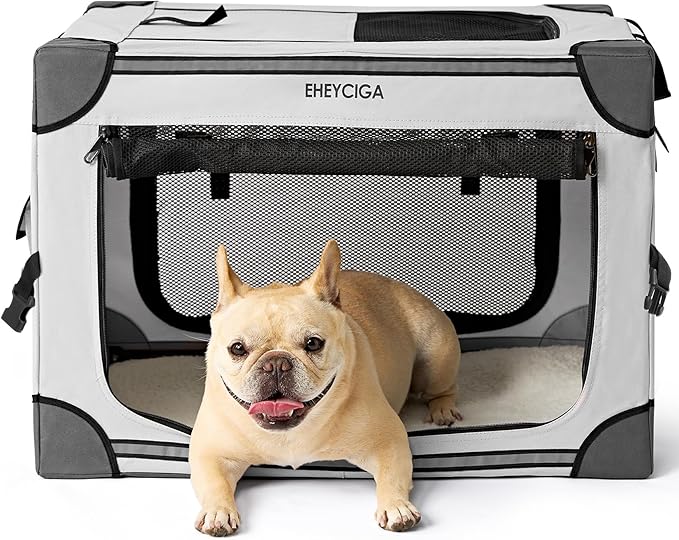EHEYCIGA Collapsible Dog Crate 26 Inches, Portable Travel Crate for Small Dogs, Soft Foldable Pet Kennel with 4-Door Mesh Windows Indoor & Outdoor, Grey