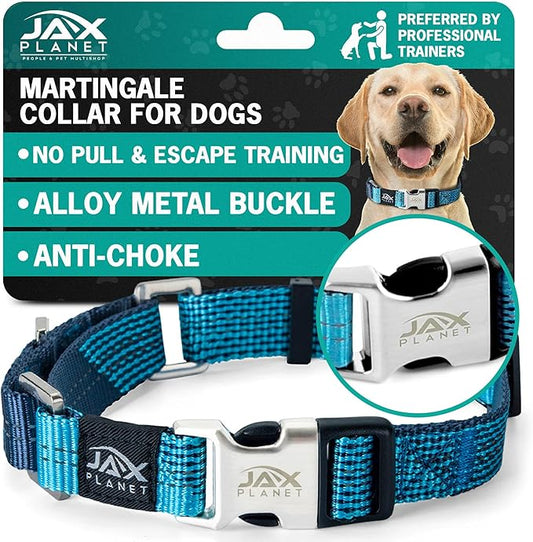 Blue Martingale Collar for Dogs - Heavy Duty Nylon Pet Collars for Escape-Free, No Pull Training & Walking with Alloy Metal Release Buckle & Reflective D Ring, One Time Adjustment, Safe & Secure, L