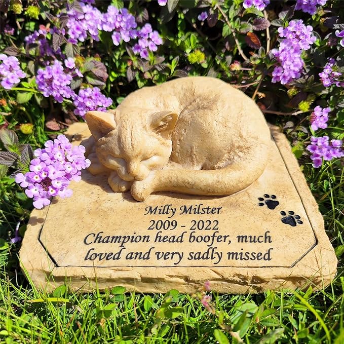 Custom Pet Grave Markers Garden Stones, Personalized Cat Memorial Statue with Sleeping Cat, Customizable Headstone Outdoor Memorial Gifts