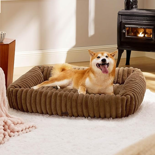 Bedsure Cute Dog Bed for Large Dogs - Washable Furry Puppy Beds, Rectangle Orthopedic Corduroy Fleece Pet Beds with Removable Zipper Cover, 36x27x8inches, Camel Brown