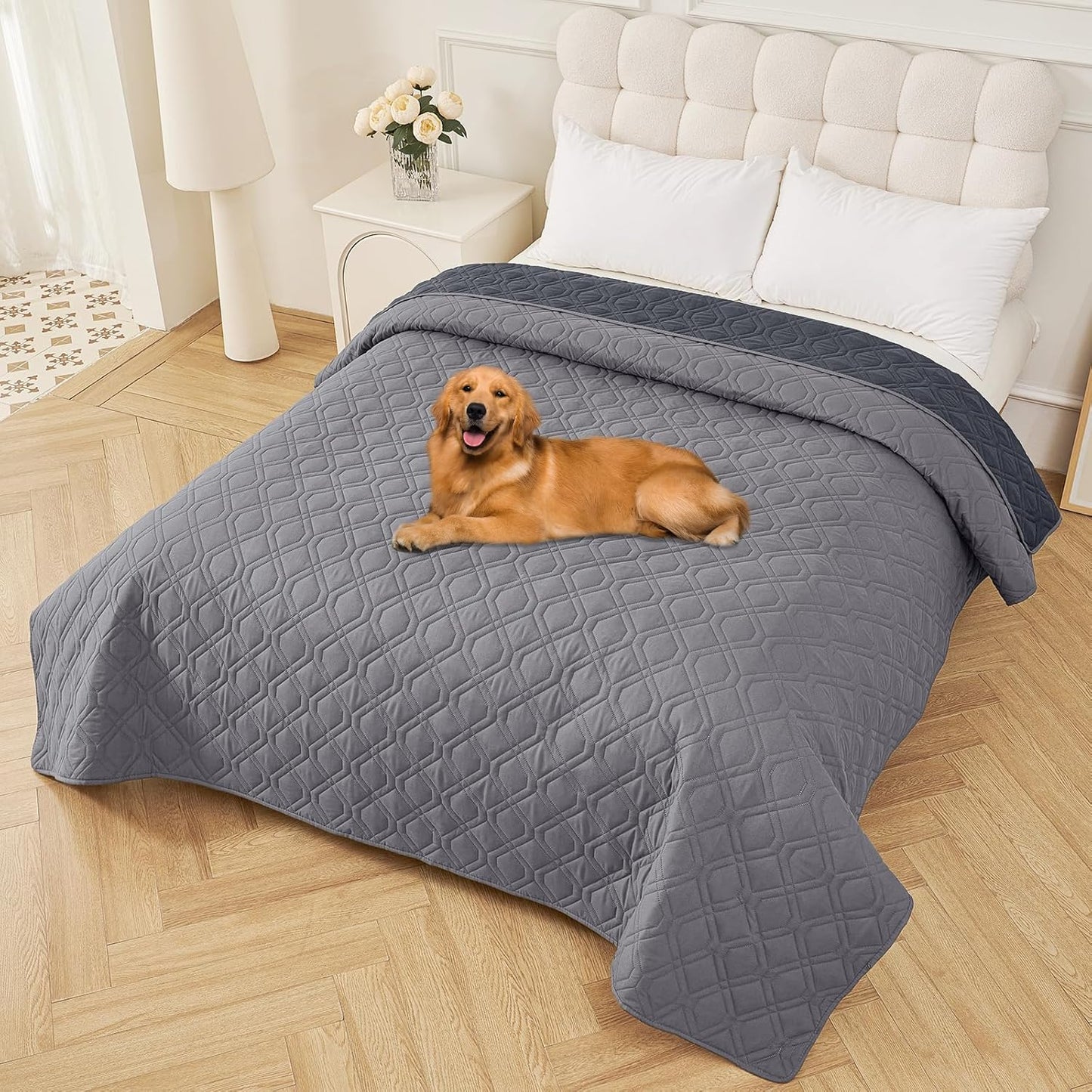 Smiry Waterproof Dog Blanket, 82x82 Inch Soft Pet Bed Cover Reversible, Washable Sofa Couch Furniture Protector for Small Medium Large Dog Puppy Cat, Geometric, Grey/Dark Grey