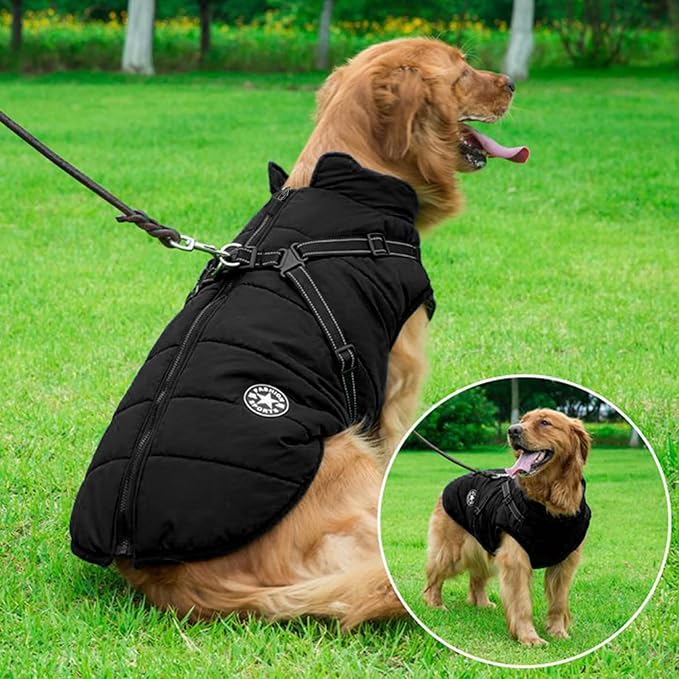 Aiboria Dog Coat for Winter Waterproof Dogs Jackets Windproof Fleece Small Dog Vest Harness Winter Padded Pet Black L