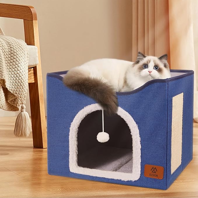Cat Beds for Indoor Cats, Cat House Cat Cave Beds with Scratch Pad, Foldable Cat Condo Hut with Hanging Ball, Covered Cat Tent for Hideaway, Cute Cat Tunnel Bed for Small Pet Kitten Kitty(Blue)
