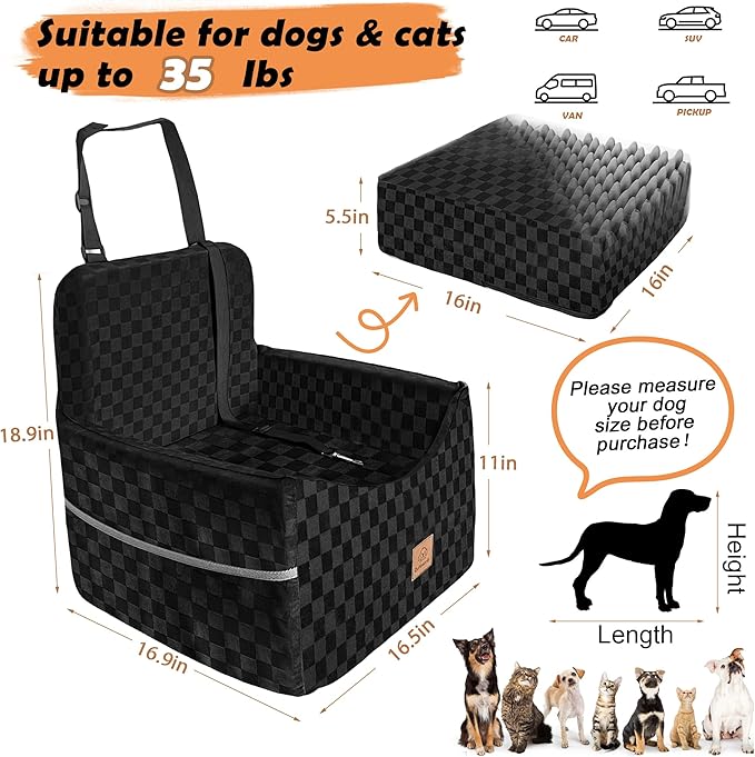 Dog Car Seat for Small and Medium Dogs Up to 35 lbs –Memory Foam Dog Booster Seat with Safety Leash & Storage Pockets, Fits Front & Back Car Seats, Removable Washable Cover – Black