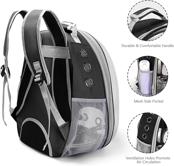 Bird Backpack Carrier, Travel Bird Cage for Small Medium Size Parrot Parakeet Budgies Cockatiel, Portable Clear Bubble Window Bag with Stainless Steel Tray Food Bolw Standing Perch (Black)