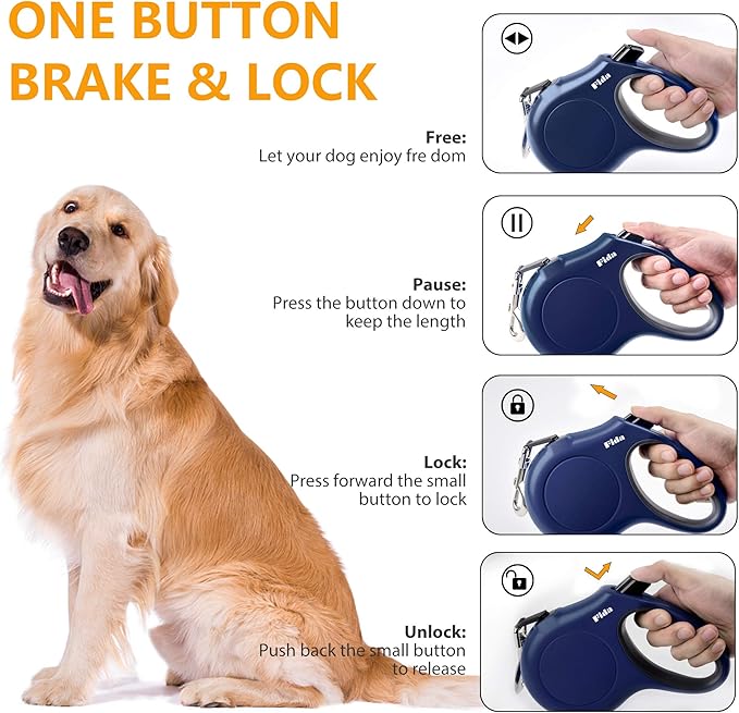 Fida Retractable Dog Leash with Dispenser and Poop Bags, 16 ft Pet Walking Leash for Small Dog or Cat up to 26 lbs, Anti-Slip Handle, Tangle-Free, Reflective Nylon Tape (S, Navy Blue)