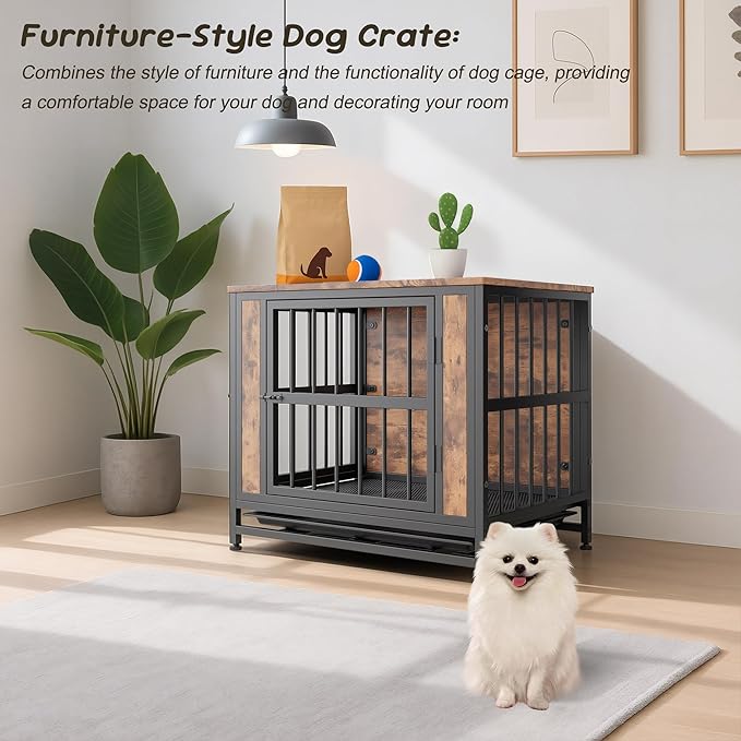 Rustic Small Dog Cage Furniture, Brown Wooden Dog Crate Kennel Furniture, Decorative Dog House Indoor End Table for Small Dog