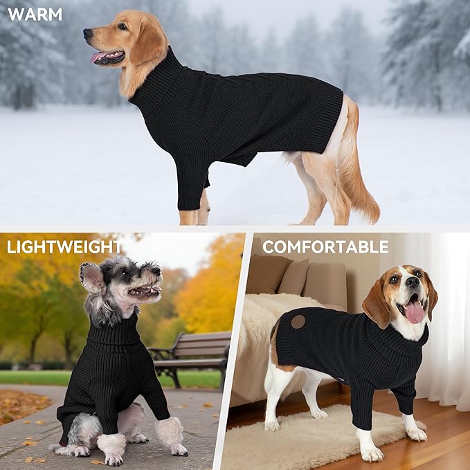 cyeollo Warm Turtleneck Large Dog Sweater, Stretchy & Cozy Knit Doggy Sweater with Sleeves Boy Fall Winter Cold Weather Big Dog Clothes Like Doberman Labrador, Black XXXL