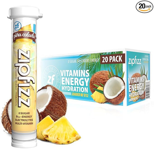 Zipfizz Daily Energy Drink Powder, Pina Colada, 20 Pack | 3-in-1 Sustained Energy, Rapid Hydration, and Essential Vitamins | Sugar-Free | Electrolyte Powder | Contains Vitamin B-12 & Antioxidants