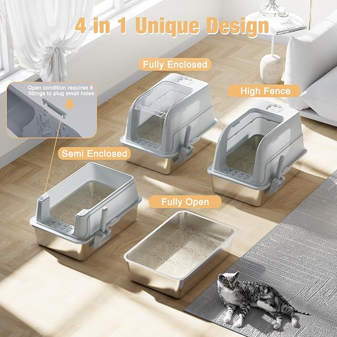 Stainless Steel Cat Litter Box Fully Enclosed, Extra Large Metal High Sided Cat Box with 120° Fully Transparent See-Through Flip Lid, Scoop & Mat - Grey - XL
