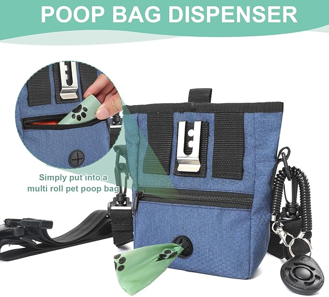 Dog Treat Pouch Magnetic Closure with Training Clicker，Hands-Free Design to Prevent Spills，Built in Poop Bag Dispenser，3 Ways To Wear，Metal Clip Waist Belt and Fanny Pack for Pet Walking（Blue）
