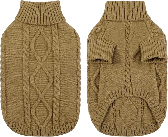 Queenmore Small Dog Pullover Sweater, Cold Weather Cable Knitwear, Classic Turtleneck Thick Warm Clothes for Chihuahua, Bulldog, Dachshund, Pug (Light Brown, X-Large)