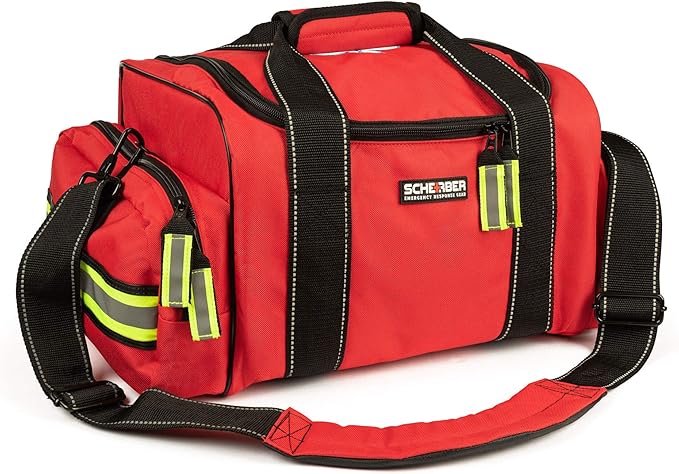 Scherber Fully-Stocked First Responder Bag | Professional EMT/EMS Trauma & Bleeding Medical Kit | HSA/FSA Approved | CAT Tourniquet, HyFin Chest Seal, Israeli Bandage & 250+ First Aid Supplies (Red)